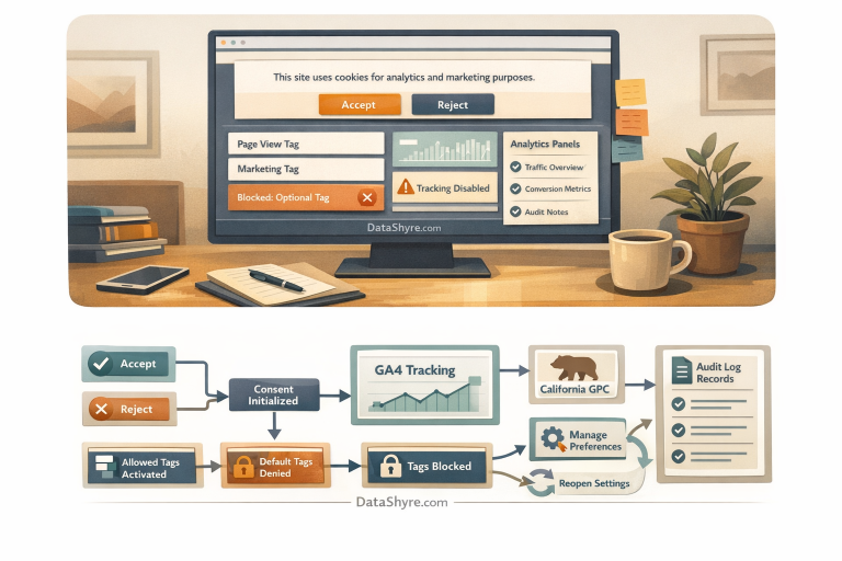 Editorial illustration of a privacy-tech workspace showing a balanced consent banner, Google Tag Manager style trigger cards, analytics panels, blocked optional tags, and subtle visible branding text DataShyre.com