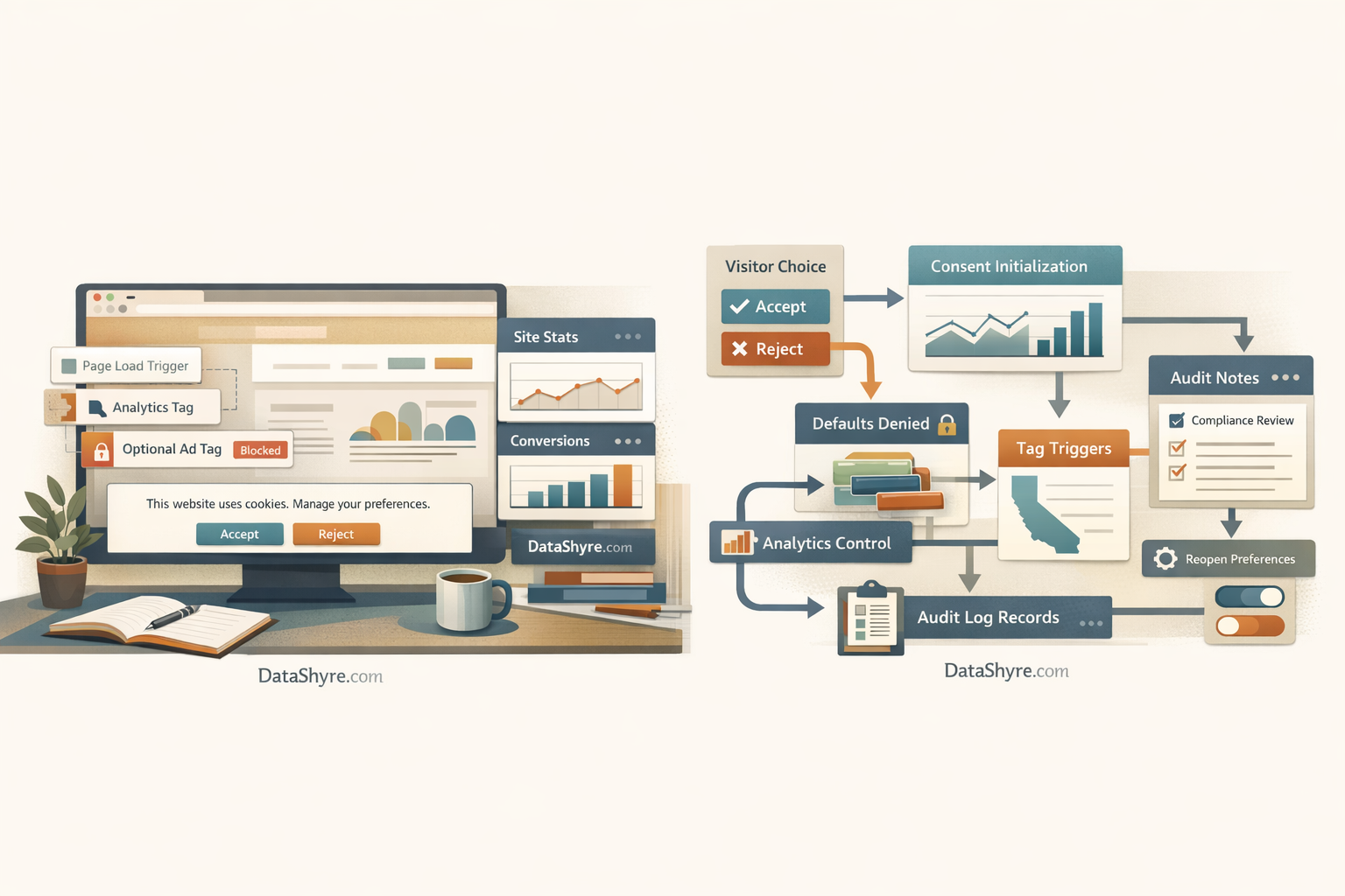 Workflow illustration showing visitor choice moving into consent initialization, denied defaults, GTM trigger sequencing, GA4 measurement control, California GPC handling, withdrawal, and audit-ready records, with subtle visible branding text DataShyre.com