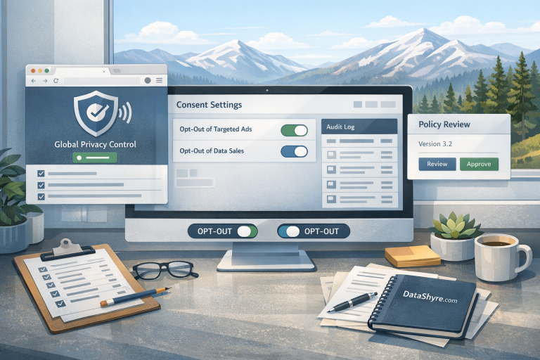 Editorial illustration of a Colorado privacy operations workspace with browser-level opt-out controls, consent settings, audit logs, dashboard panels, and subtle visible branding text DataShyre.com
