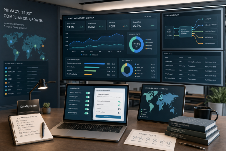 Editorial illustration of an enterprise privacy operations workspace with region-based consent rules, browser opt-out signals, audit logs, vendor maps, and subtle visible branding text DataShyre.com