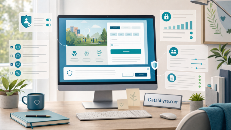 Editorial illustration of a nonprofit privacy operations workspace with a donation page, supporter preferences, audit logs, and subtle visible branding text DataShyre.com