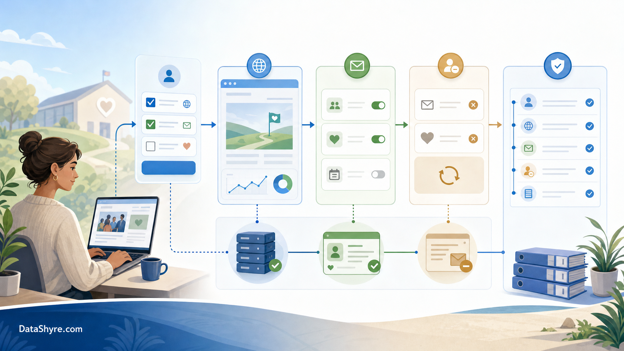 Workflow illustration showing donor choice moving into website tracking controls, supporter messaging preferences, withdrawal, and audit-ready records, with subtle visible branding text DataShyre.com