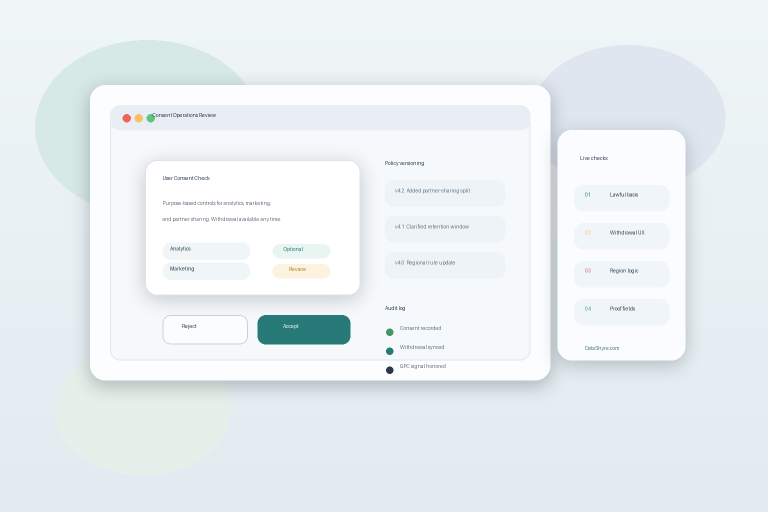 Editorial illustration of a privacy operations workspace with a consent prompt, audit log, policy versioning, and subtle visible branding text DataShyre.com