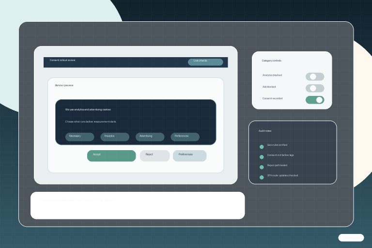 Editorial illustration of a OneTrust-style consent operations workspace showing a website banner, policy categories, blocked tags, audit notes, and subtle visible branding text DataShyre.com