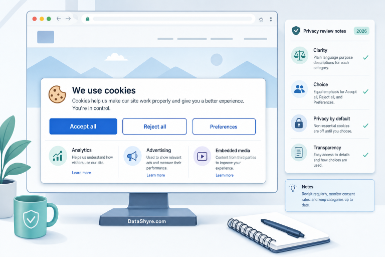 Editorial illustration of a balanced cookie consent banner in a browser workspace with equal accept and reject choices, plain-language purpose labels, and subtle visible branding text DataShyre.com