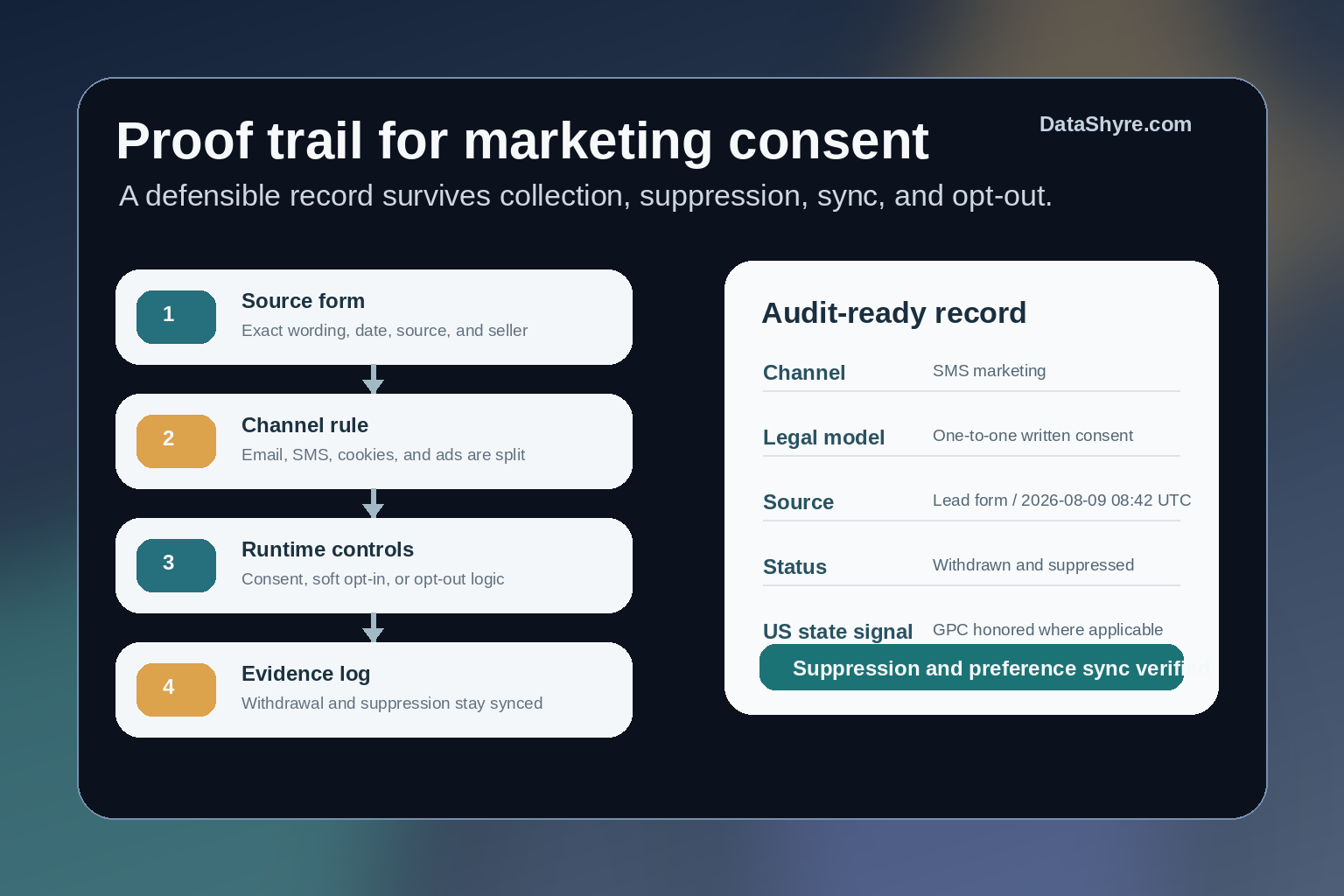 Workflow illustration showing marketing consent evidence moving from source form to email, SMS, cookie, ad, and opt-out controls, with audit records and subtle visible branding text DataShyre.com