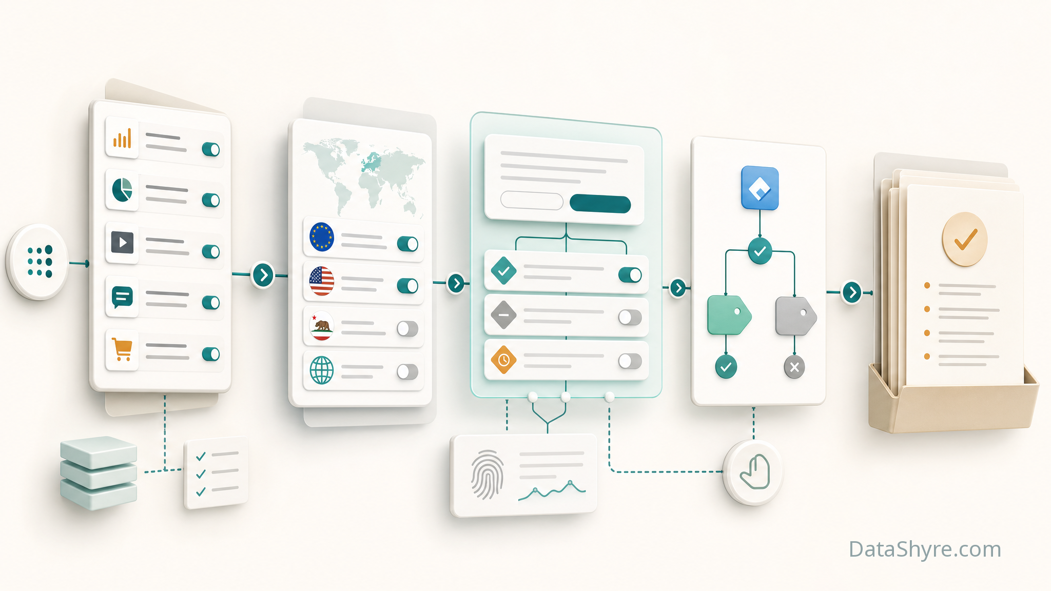 Workflow illustration showing service-level consent mapping flowing into Google Consent Mode, GTM trigger control, regional templates, GPC handling, and audit-ready logs, with subtle visible branding text DataShyre.com