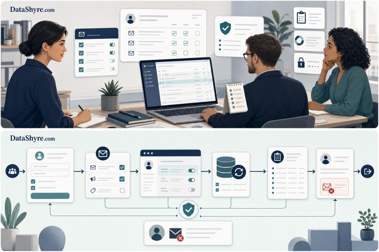 Editorial illustration of a privacy operations team reviewing an email-consent campaign with clear opt-in choices, preference-center controls, audit notes, and subtle visible branding text DataShyre.com