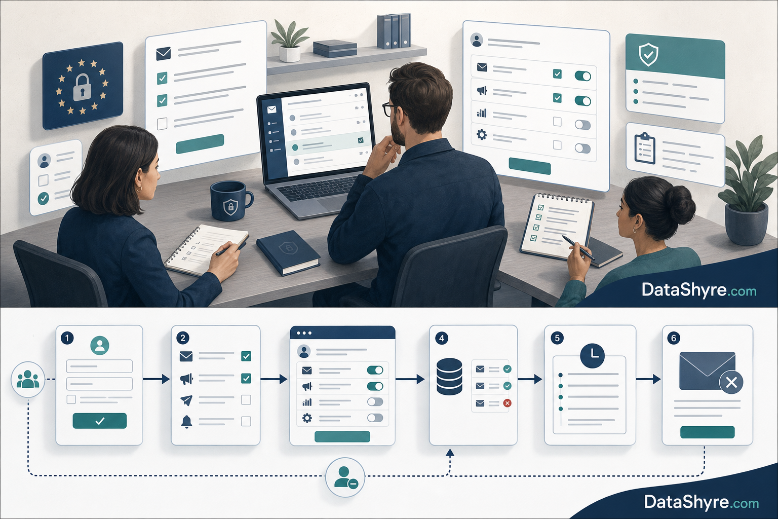 Workflow illustration showing GDPR email consent moving from source form to channel-specific choices, preference center updates, suppression sync, audit logs, and subtle visible branding text DataShyre.com