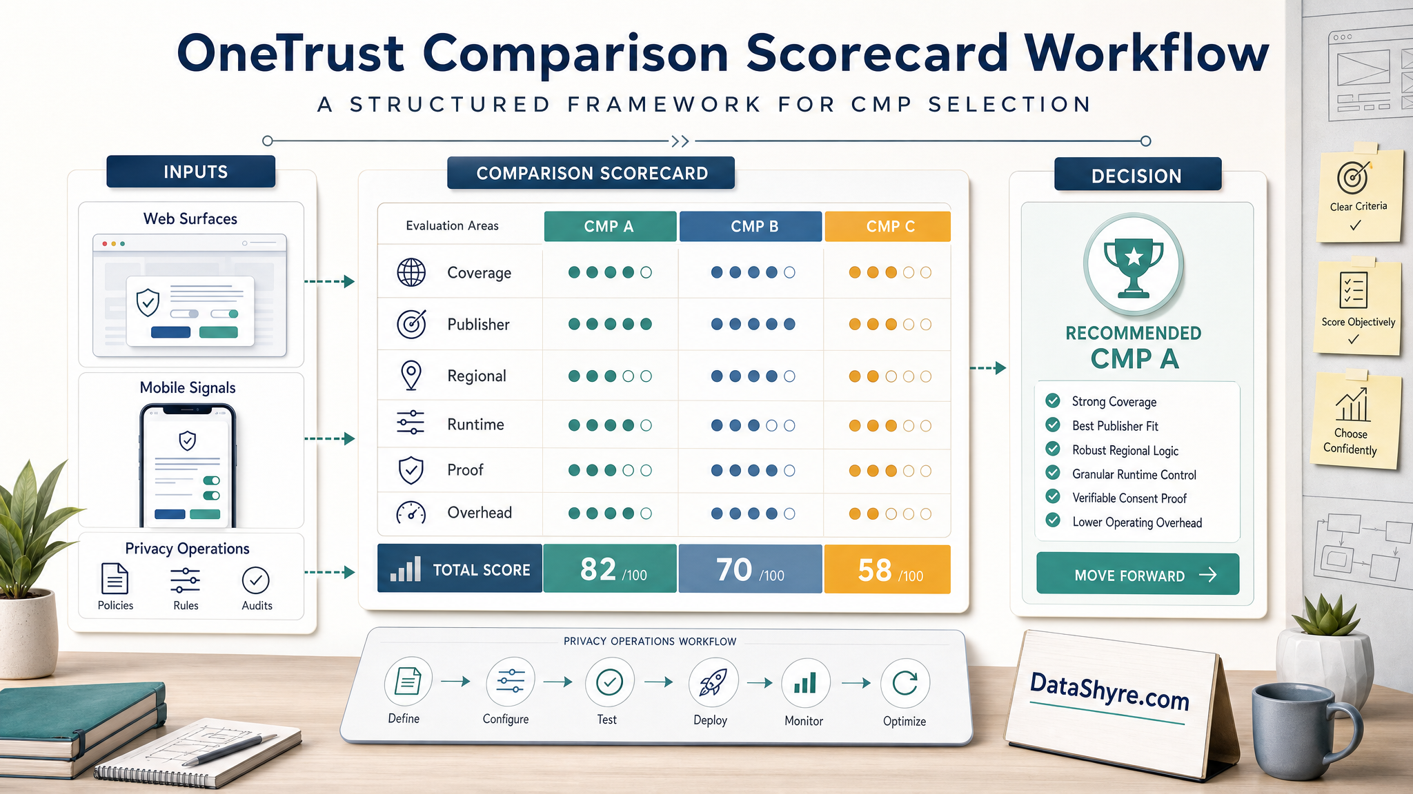 Workflow illustration showing a CMP buyer scorecard comparing surface coverage, Google publisher fit, regional logic, runtime control, proof records, and subtle visible branding text DataShyre.com