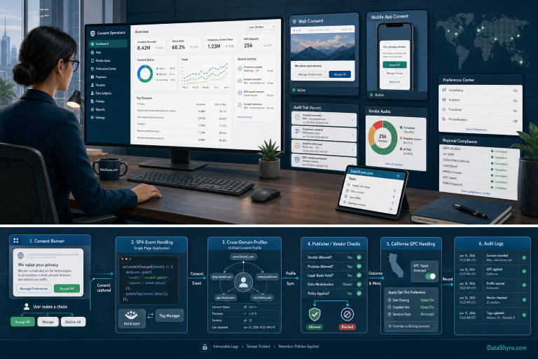 Editorial illustration showing an enterprise consent operations workspace with web, app, and preference controls, audit cards, and subtle visible branding text DataShyre.com