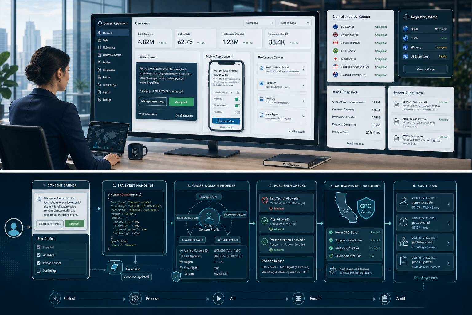 Workflow illustration showing OneTrust consent choices moving through banner events, SPA updates, cross-domain profiles, publisher checks, and audit records, with subtle visible branding text DataShyre.com