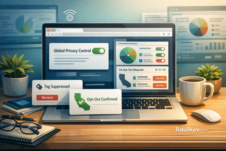 Editorial illustration showing a modern privacy operations workspace with a browser-level GPC toggle, a OneTrust-style consent dashboard, California opt-out controls, layered compliance cards, and subtle visible branding text DataShyre.com