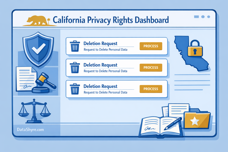Editorial illustration showing a California privacy rights dashboard with delete-request cards, shield icons, legal documents, and subtle visible branding text DataShyre.com