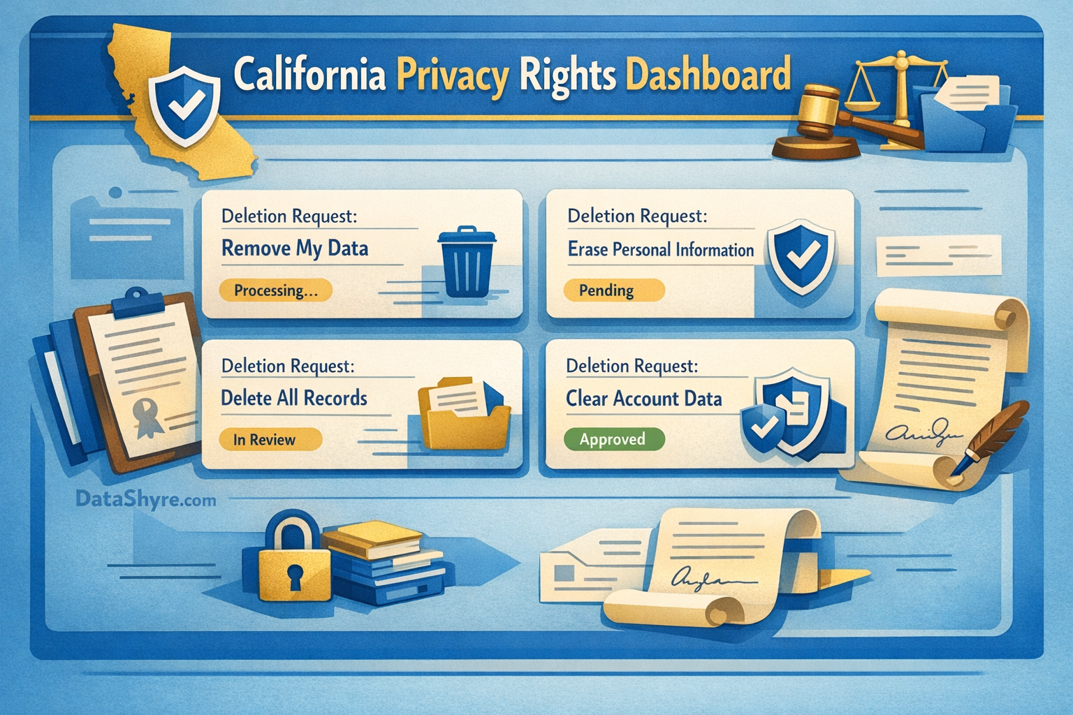 Workflow illustration showing a California deletion request moving through business systems, service providers, data brokers, and compliance checkpoints, with subtle visible branding text DataShyre.com