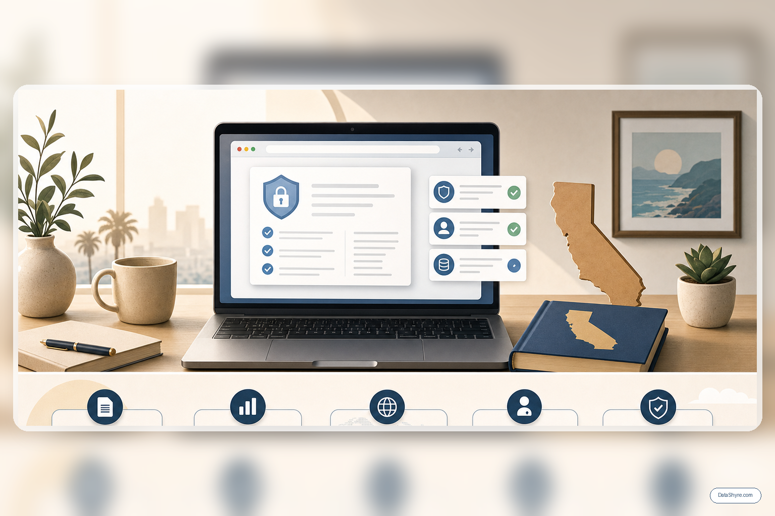 Editorial illustration showing a California website privacy review with policy panels, browser controls, legal callouts, and subtle visible branding text DataShyre.com