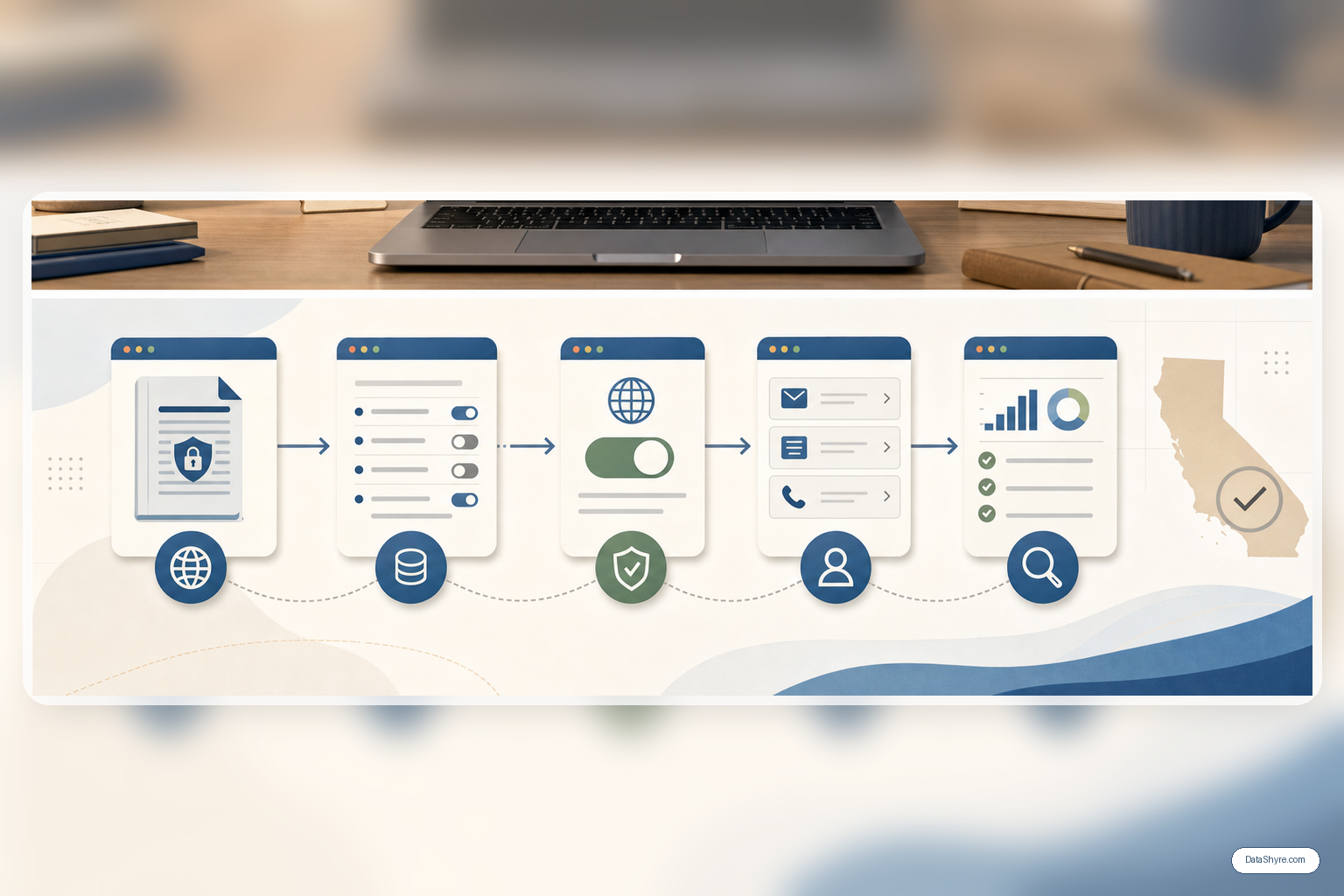 Workflow illustration showing a California website privacy program moving through policy posting, tracking disclosures, GPC handling, request methods, and enforcement checks with subtle visible branding text DataShyre.com
