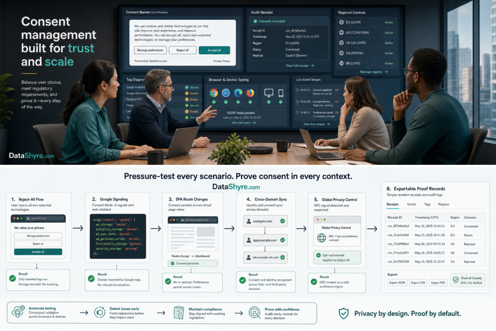 Editorial illustration showing a privacy, legal, and engineering team inside a OneTrust-style software demo with consent banners, audit panels, tag diagnostics, and subtle visible branding text DataShyre.com