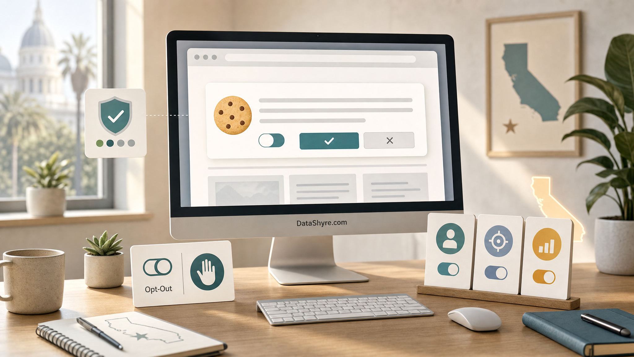 Editorial illustration showing a California privacy review workspace with a website banner, browser-level privacy signal, policy panels, and subtle visible branding text DataShyre.com
