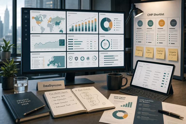 Editorial illustration showing a privacy-market research desk with CMP scorecards, trend charts, publisher checks, consent controls, and subtle visible branding text DataShyre.com