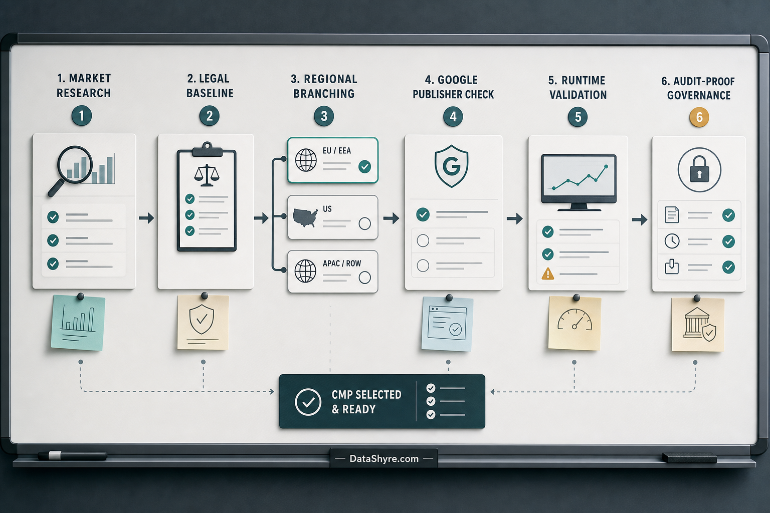 Workflow illustration showing CMP buyer review paths moving from EMARKETER-style market signals through legal baseline, regional branching, Google publisher checks, enforcement, and subtle visible branding text DataShyre.com