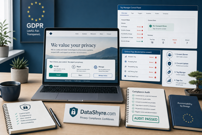 Editorial illustration showing a GDPR website consent banner beside a Google Tag Manager-style control panel, blocked optional tags, audit notes, and subtle visible branding text DataShyre.com