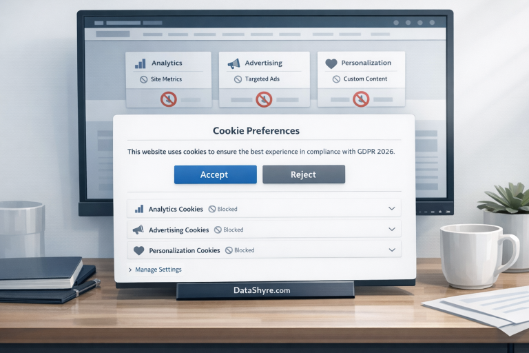 Editorial illustration showing a website privacy workspace with a balanced cookie banner, blocked optional trackers, purpose cards, and subtle visible branding text DataShyre.com