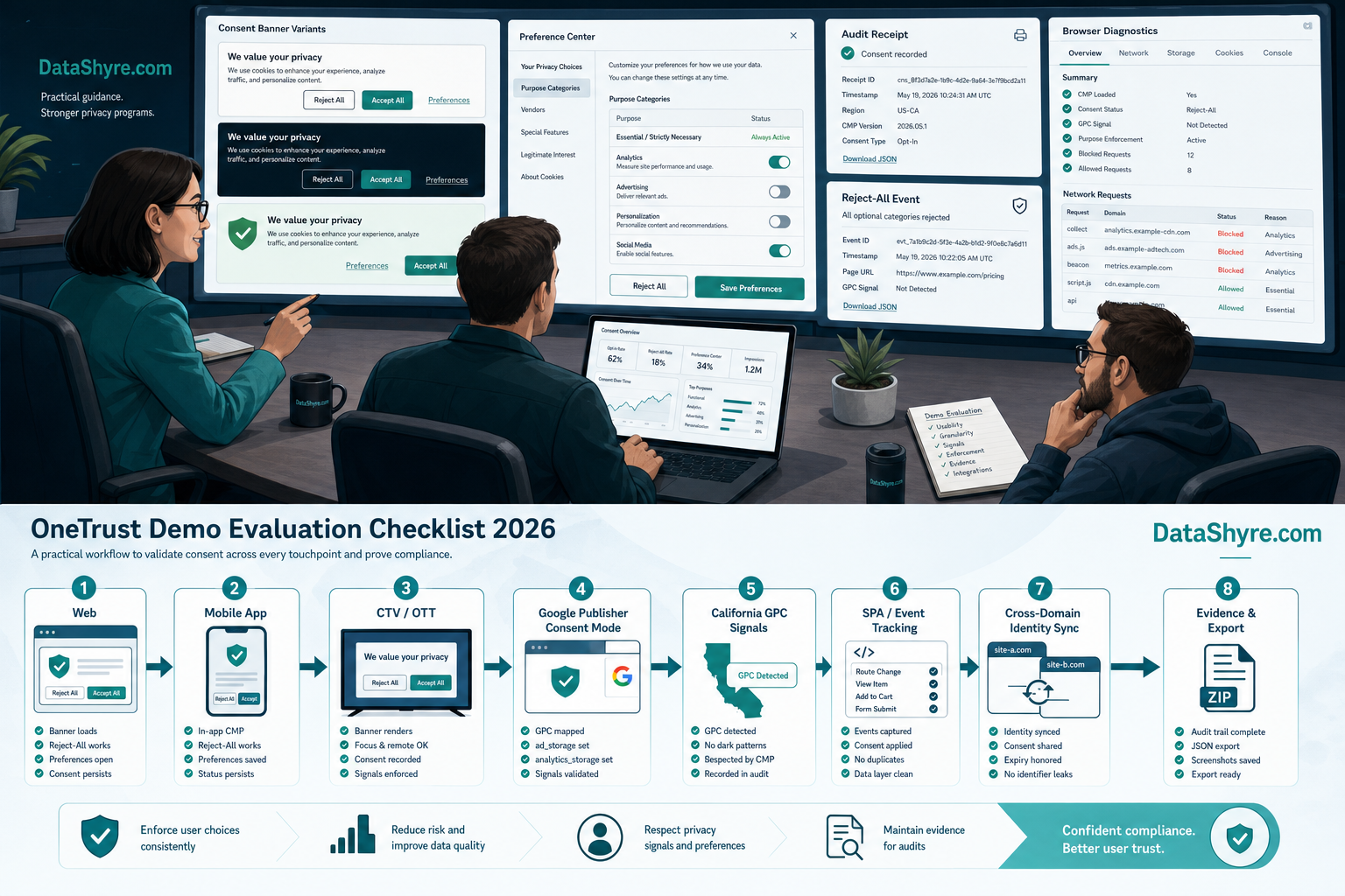 Editorial illustration showing a privacy, marketing, and engineering team reviewing a consent platform demo with preference controls, audit panels, browser diagnostics, and subtle visible branding text DataShyre.com