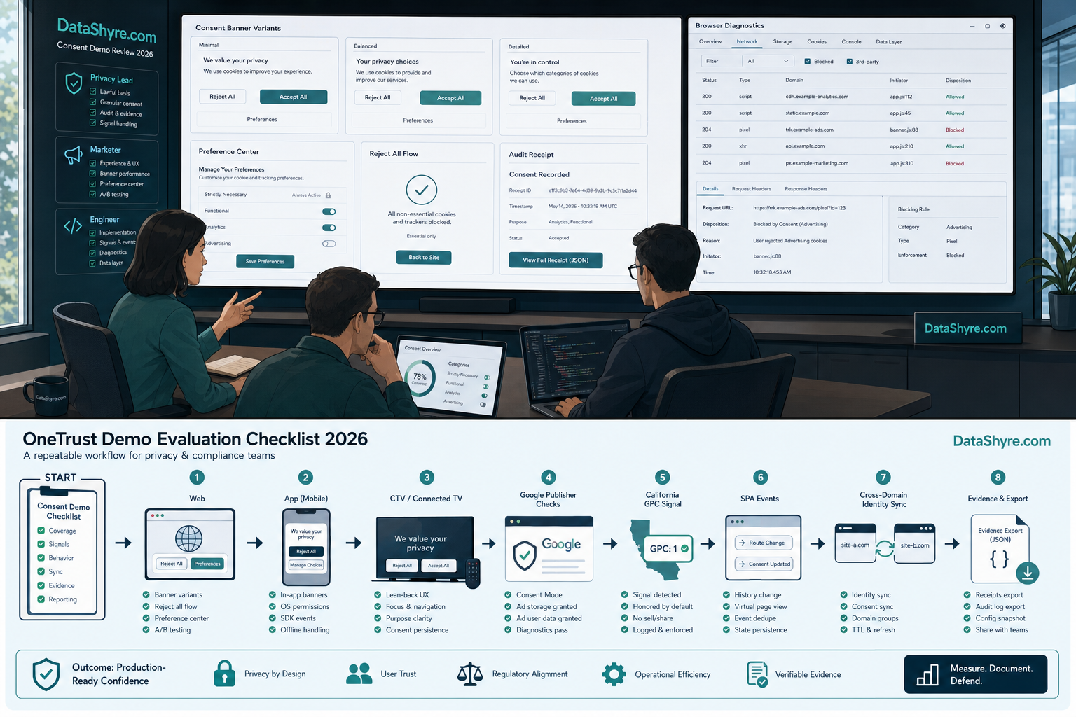 Workflow illustration showing a consent demo checklist flowing through web and app paths, Google publisher checks, California GPC signals, cross-domain identity syncing, and audit evidence with subtle visible branding text DataShyre.com