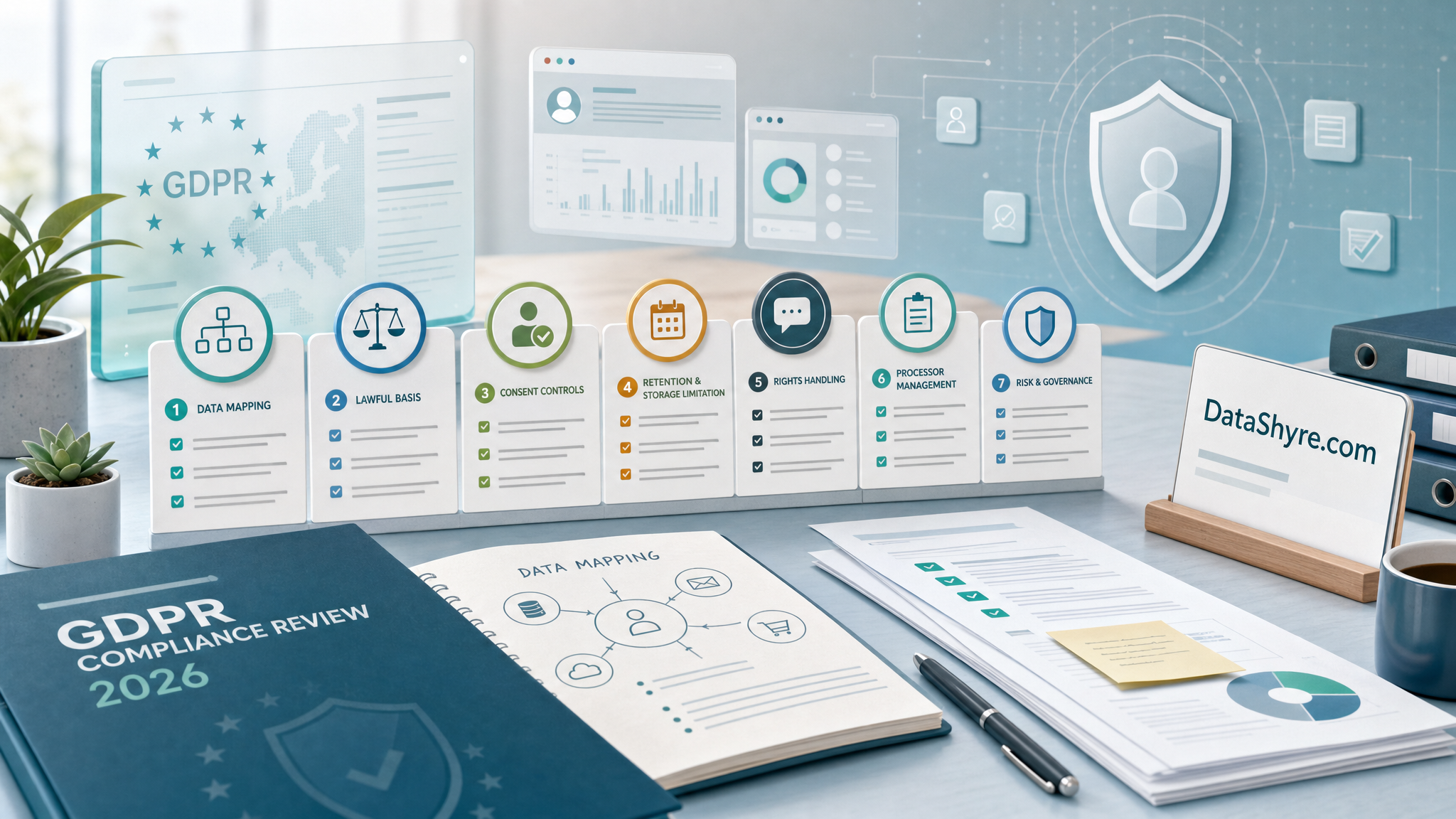 Editorial illustration showing a GDPR compliance review table with data maps, lawful-basis cards, consent controls, privacy notices, and subtle visible branding text DataShyre.com