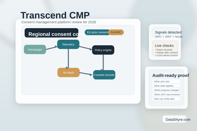 Editorial illustration showing a privacy operations workspace with a consent dashboard, data-flow map, regional rule cards, mobile and web surfaces, and subtle visible branding text DataShyre.com