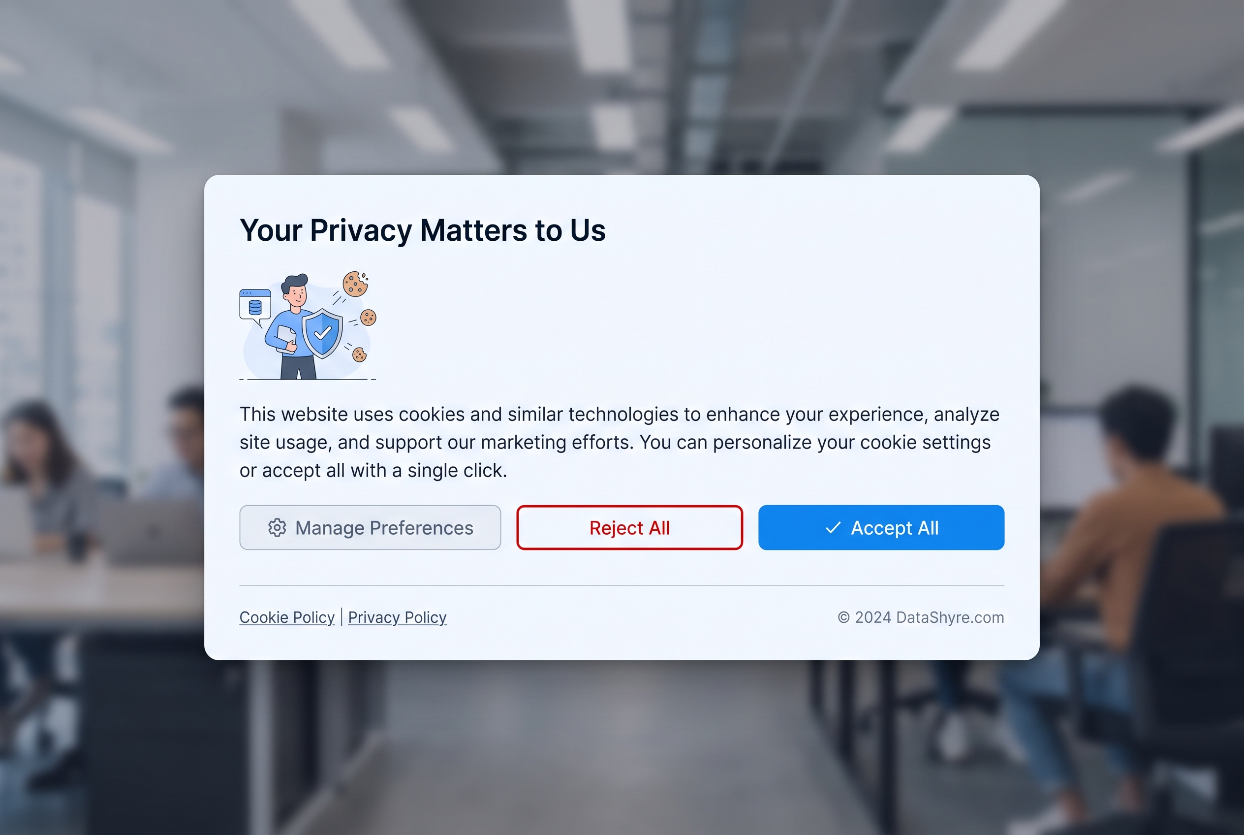 Cookie consent banner example with DataShyre.com branding