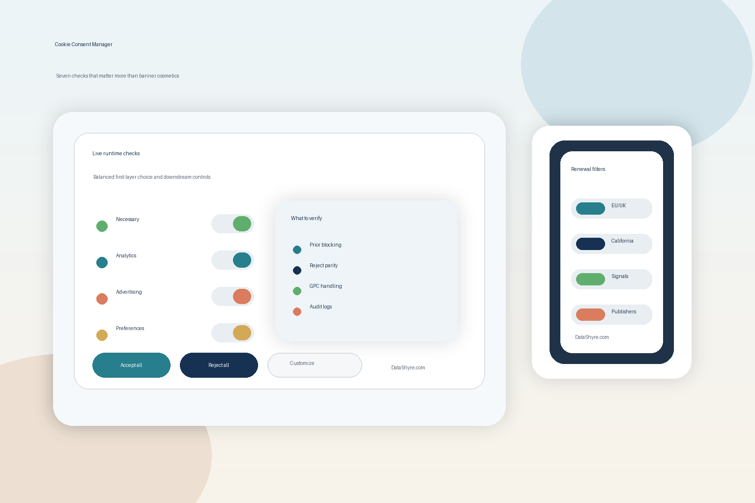 Editorial illustration of a modern consent management dashboard with balanced accept and reject controls, category toggles, regional privacy panels, audit logs, and subtle visible branding text DataShyre.com