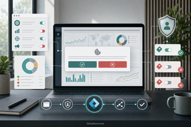 Editorial illustration of a privacy operations workspace showing an equal-choice cookie banner, a GTM-style trigger timeline, consent states, blocked marketing tags, and subtle visible branding text DataShyre.com