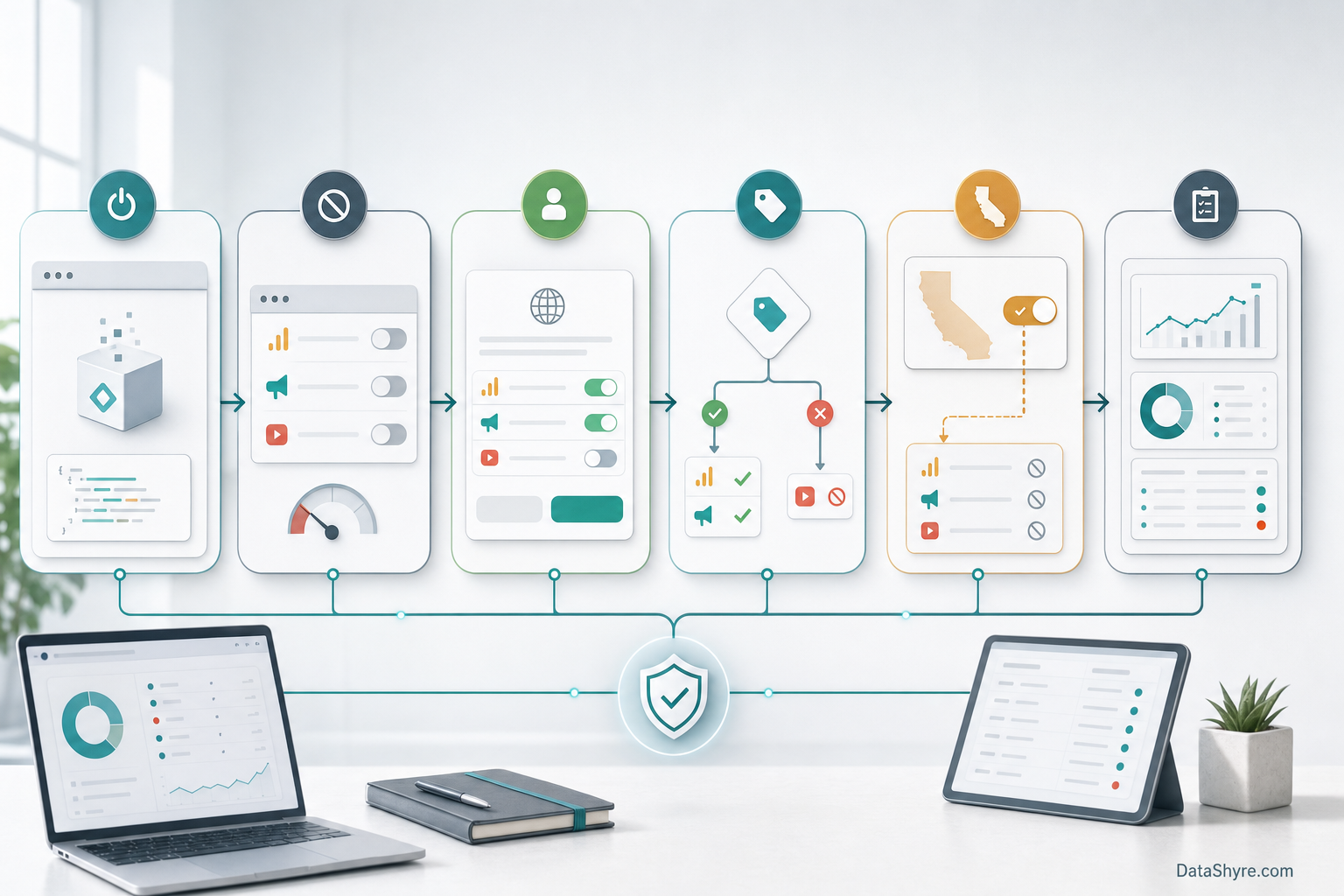Workflow illustration showing Consent Initialization, denied defaults, user choice updates, non-Google vendor checks, California GPC routing, audit logs, and subtle visible branding text DataShyre.com