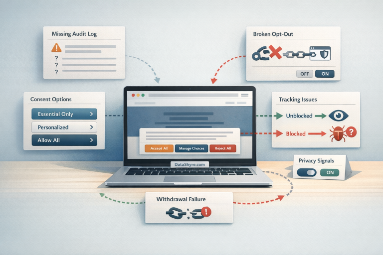 Editorial illustration showing a privacy operations workspace with a website banner, tracking paths, missing consent records, browser privacy signals, and subtle visible branding text DataShyre.com