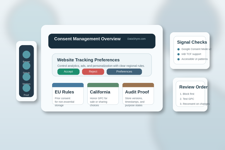 Editorial illustration of a privacy operations dashboard with a consent banner, regional rule cards, audit records, and subtle visible branding text DataShyre.com