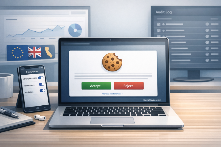 Editorial illustration of a modern privacy operations workspace showing a balanced consent management platform with equal accept and reject choices, category controls, regional rule cards, and subtle visible branding text DataShyre.com