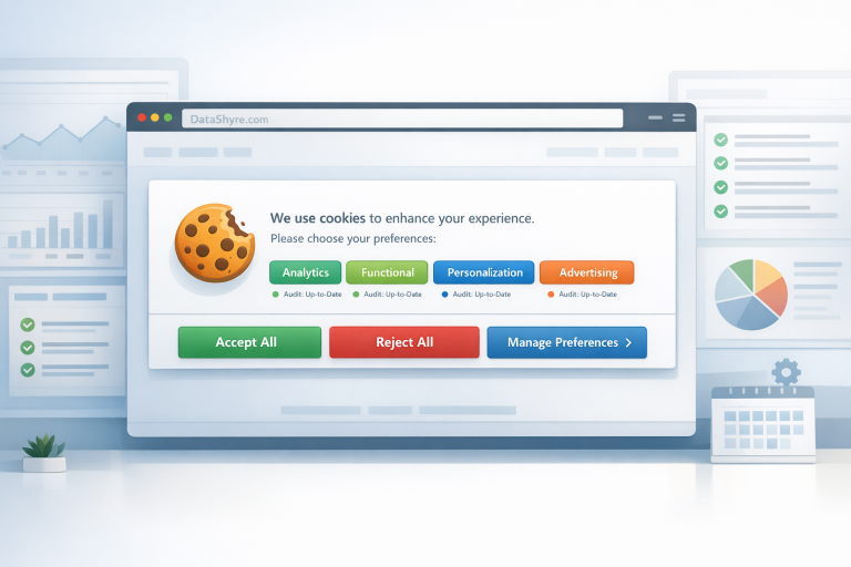 Editorial illustration of a modern browser window and privacy operations dashboard showing a balanced cookie consent banner with equal Accept All, Reject All, and Manage Preferences choices, category chips, audit indicators, and subtle visible branding text DataShyre.com