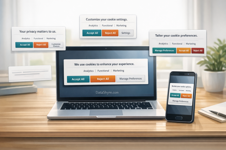 Editorial illustration showing a modern consent-banner workspace with balanced Accept All and Reject All choices, category cards, and subtle visible branding text DataShyre.com