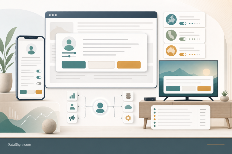 Editorial illustration of a privacy operations workspace showing consent orchestration across web, mobile, and connected TV, with a balanced banner, regional controls, audit records, and subtle visible branding text DataShyre.com