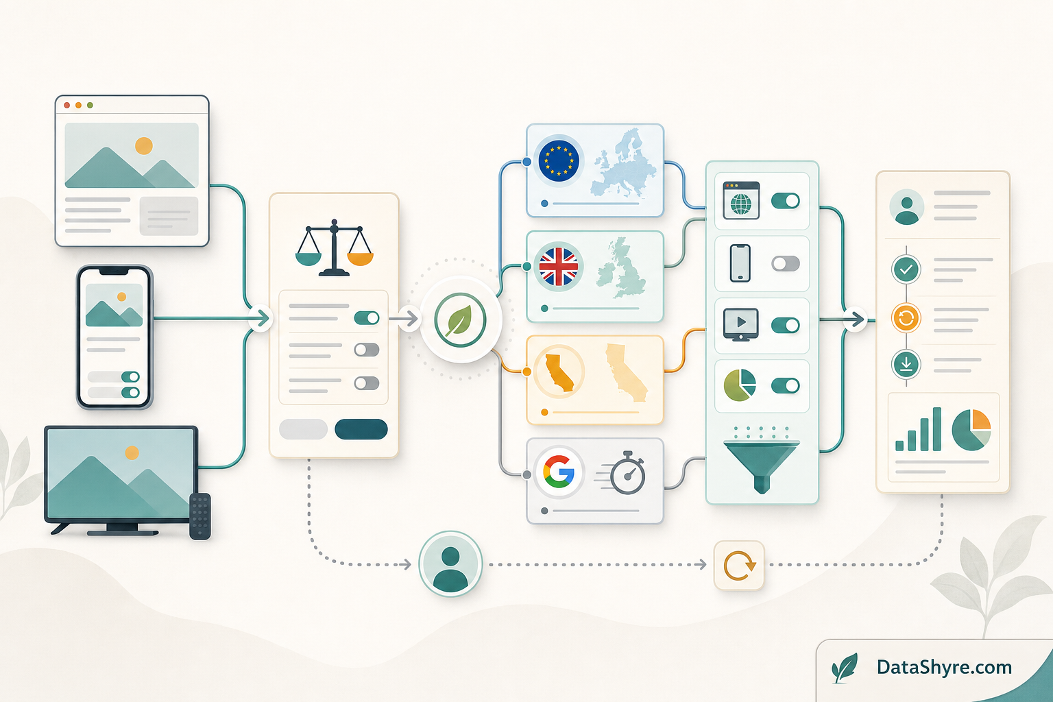 Workflow illustration showing user choice moving from a OneTrust-style consent layer into regional branching, Google consent timing, California GPC handling, blocking controls, and audit-ready records with subtle visible branding text DataShyre.com