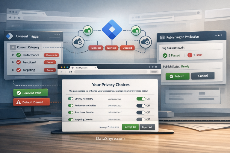 Editorial illustration of a privacy operations dashboard showing a OneTrust-style consent banner connected to Google Tag Manager, consent defaults, verification cues, and subtle visible branding text DataShyre.com