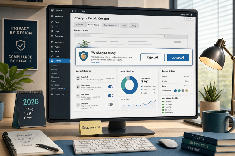 Editorial illustration of a WordPress-style privacy workspace showing a balanced consent banner with equal Accept All and Reject All choices, plugin settings, category controls, and subtle visible branding text DataShyre.com