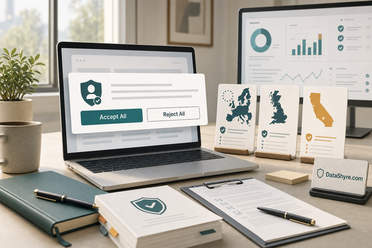 Editorial illustration showing a modern CMP workspace with balanced consent choices, regional privacy callouts, audit cues, and subtle visible branding text DataShyre.com