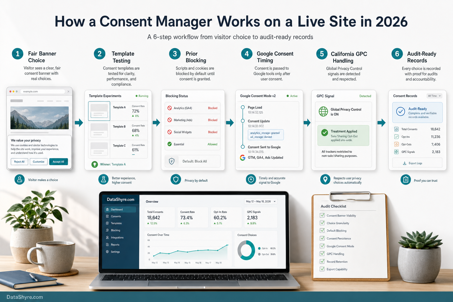 Workflow illustration showing visitor choice moving from a consent manager banner into template testing, Google consent timing, California GPC handling, withdrawal controls, and audit-ready records with subtle visible branding text DataShyre.com