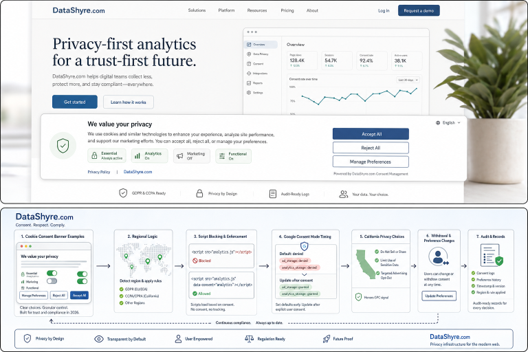 Editorial illustration showing a modern website privacy workspace with balanced cookie consent banner examples, equal Accept All and Reject All choices, category controls, and subtle visible branding text DataShyre.com