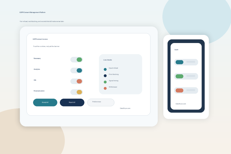 Editorial illustration of a GDPR consent management platform workspace showing balanced accept and reject choices, purpose controls, audit records, and subtle visible branding text DataShyre.com