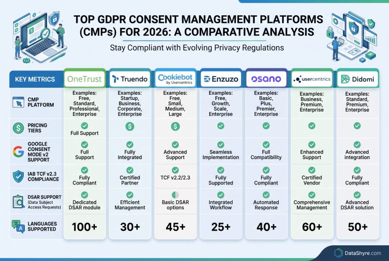 GDPR software comparison table showing OneTrust, Truendo, Cookiebot, Enzuzo, Osano, Usercentrics, and Didomi with pricing, Google Consent Mode v2 support, IAB TCF 2.3 compliance, DSAR support, and languages supported. DataShyre.com branding visible.