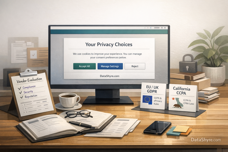 Editorial illustration of a privacy operations workspace with a balanced consent interface, vendor evaluation notes, audit logs, regional rule cards, and subtle visible branding text DataShyre.com